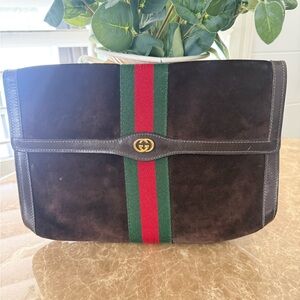 Vintage Gucci Dark Brown Suede Messenger Bag with Red and Green Stripe